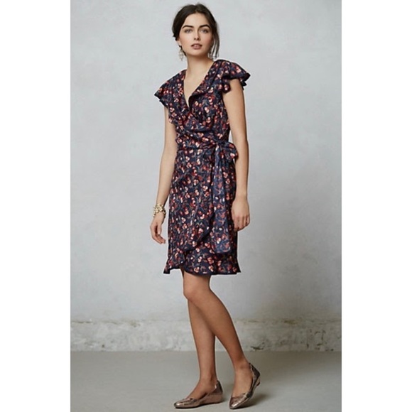 Hi There Karen Walker Anthropologie Cherry wrap dress navy 6 fruit print berry M - Picture 2 of 11